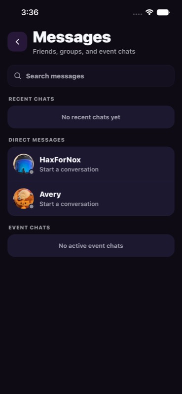 PackDrive direct messages and event chats screen