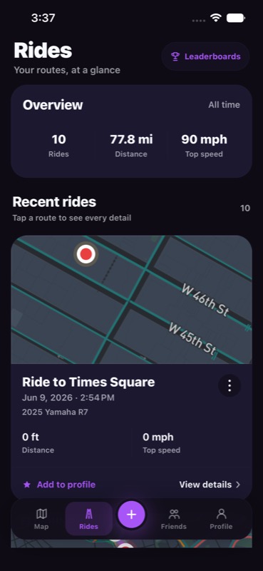 PackDrive ride history screen with route and ride statistics